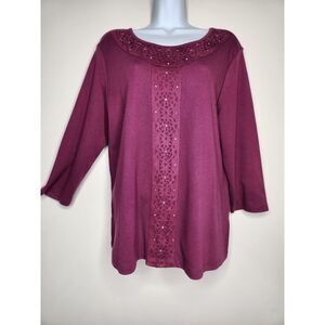 Alfred Dunner Berry 3/4 Sleeve Embellished Knit Tunic Top Medium Casual Comfort